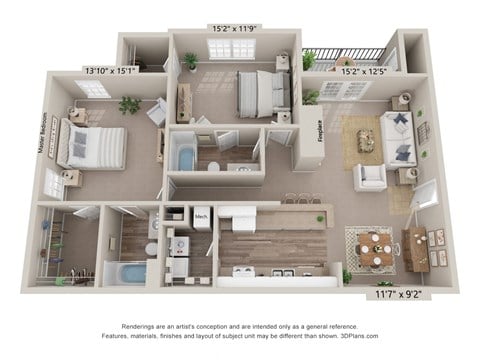 Floor plan for 2 beds, 2 baths, 1109 sqft